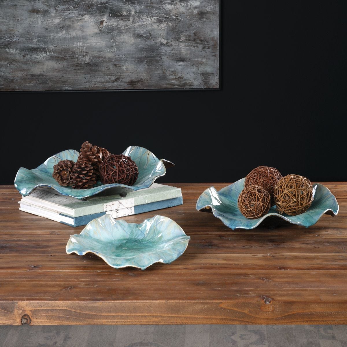 Abella Ceramic Indoor-Outdoor Wall Decor, Aqua, S/3