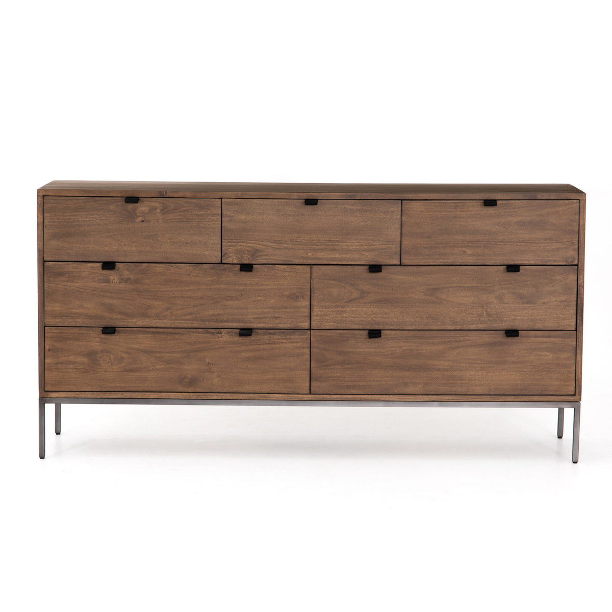 a brown dresser with metal legs