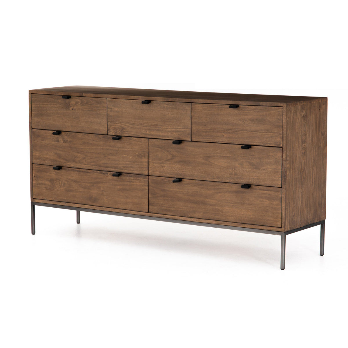 a brown dresser with black handles
