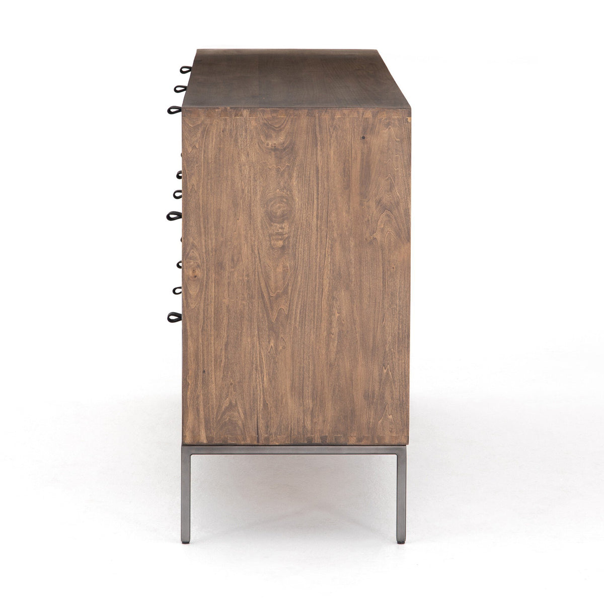 a wood dresser with metal legs