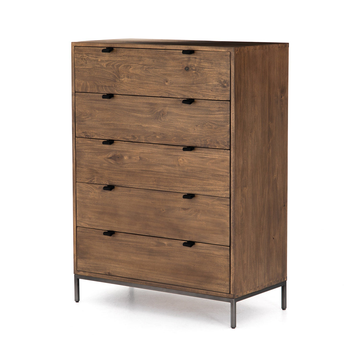 a wooden dresser with black handles