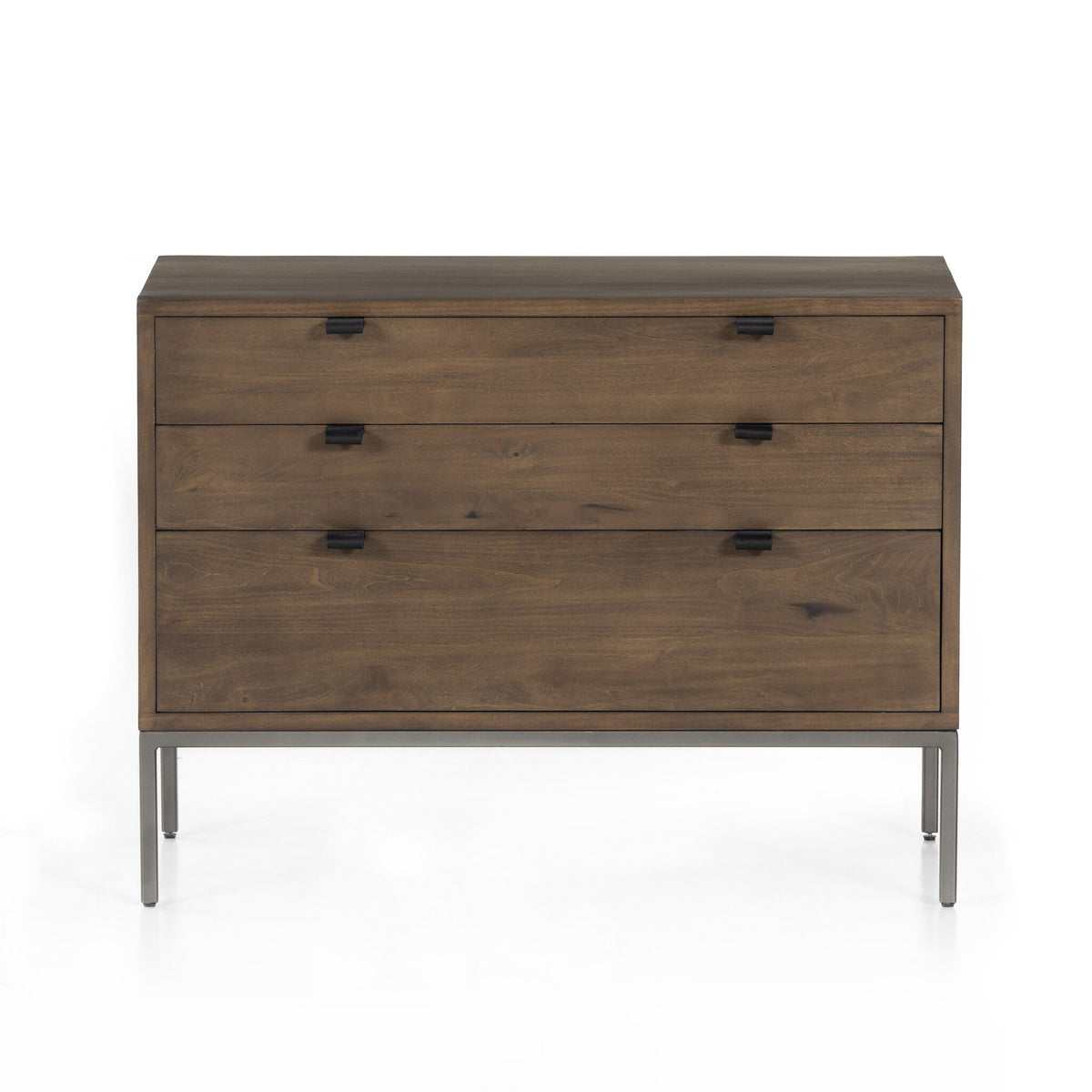 a brown dresser with black handles
