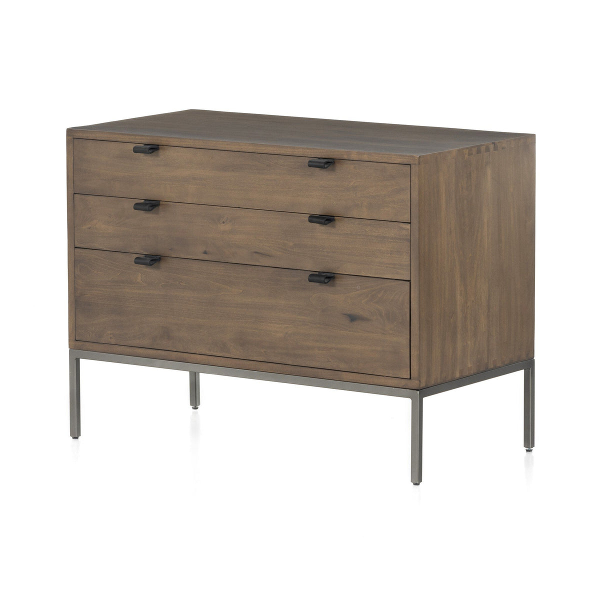 a brown dresser with black handles