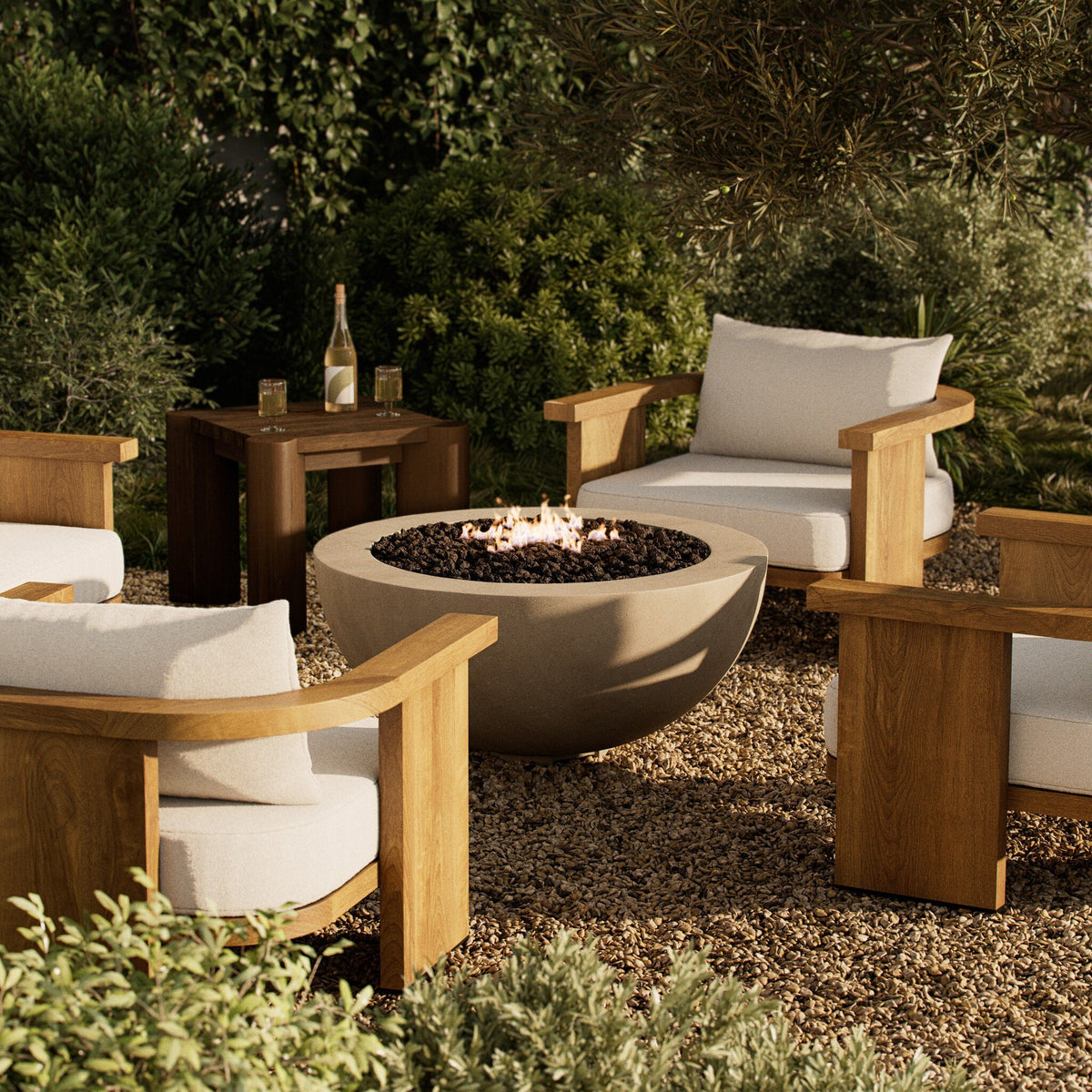 a group of chairs and a fire pit