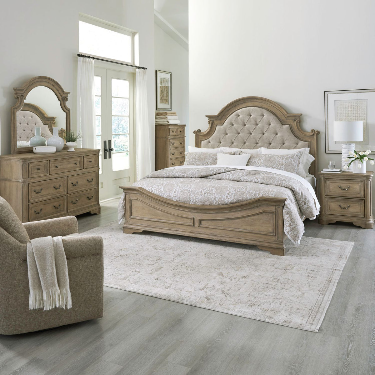 244N-BR-QUBDMCN - Queen Uph Bed, Dresser & Mirror, Chest, Night Stand - Liberty Furniture