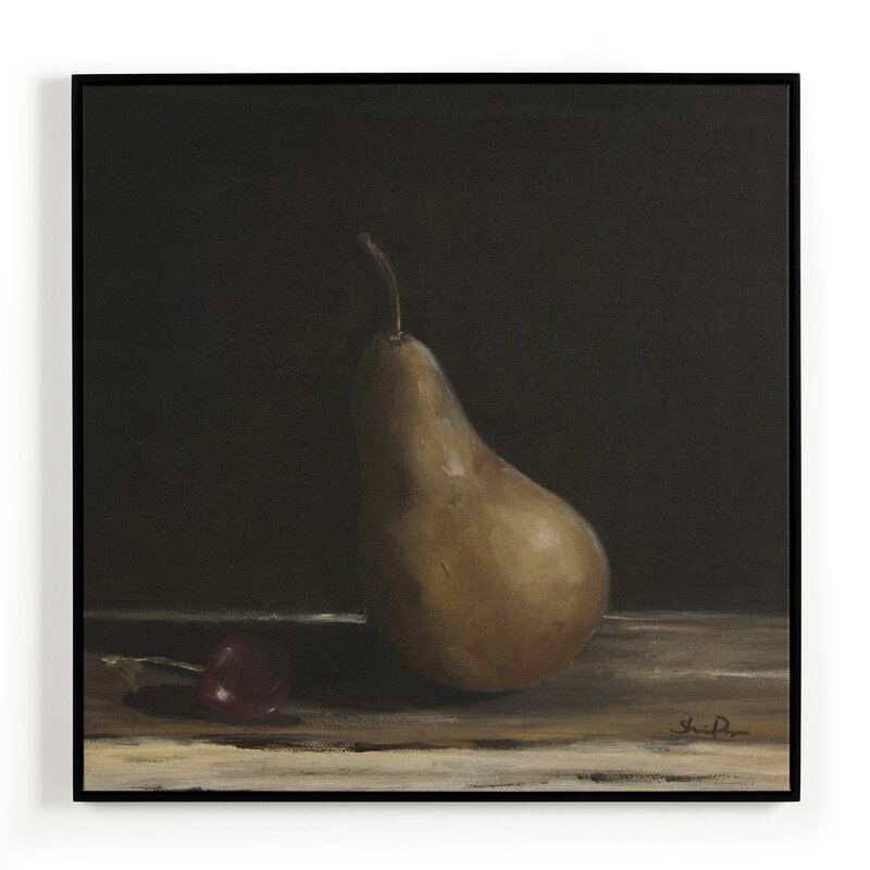 a painting of a pear and a cherry