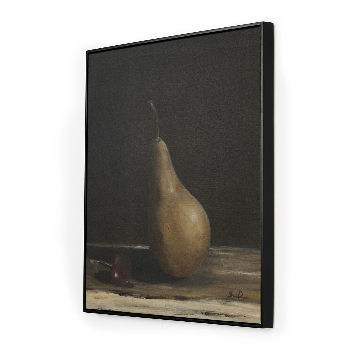 a painting of a pear and a cherry