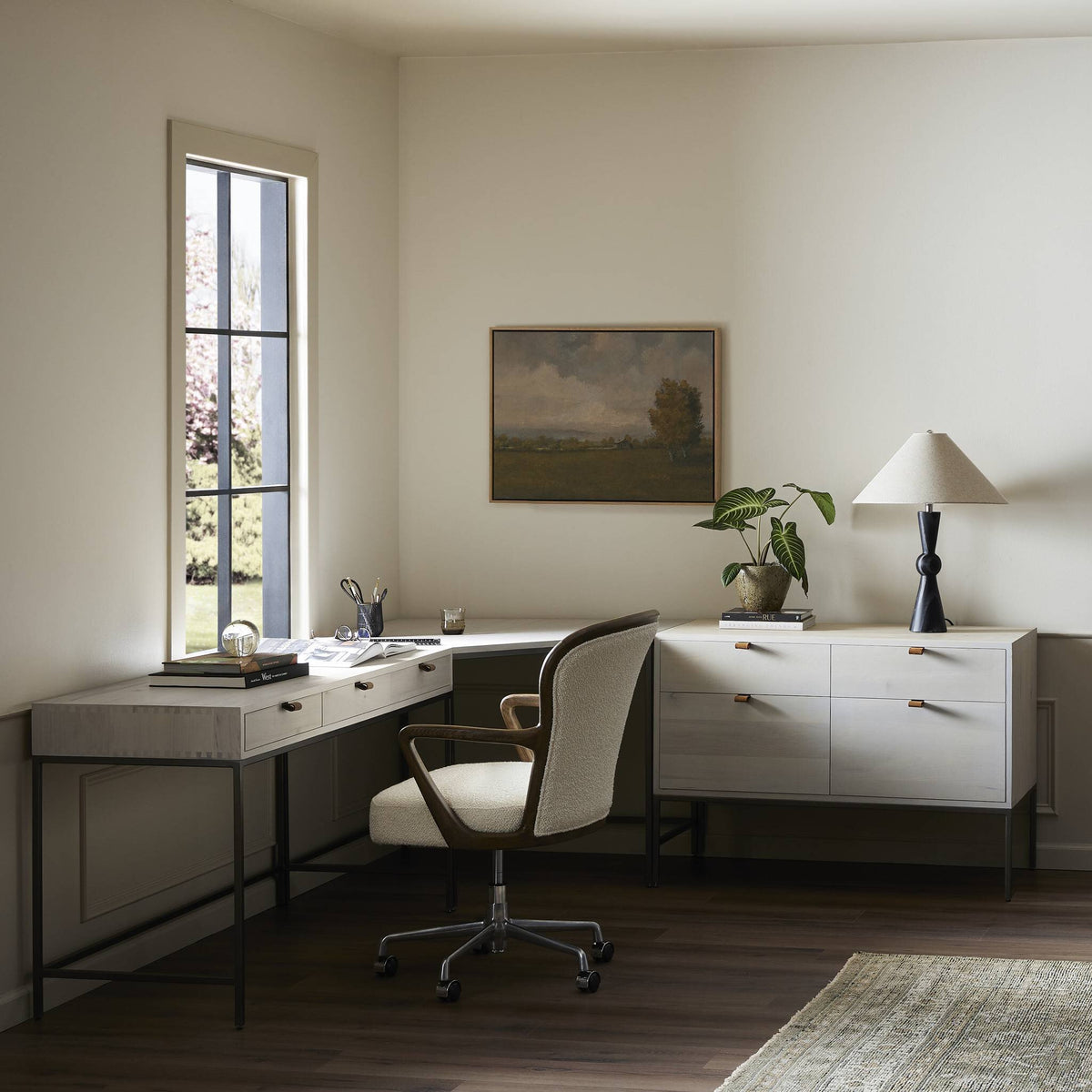 Trey Desk System With Wide Filing Cabinet