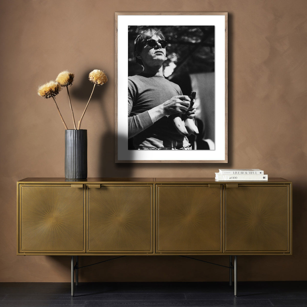 a picture of a man on a cabinet