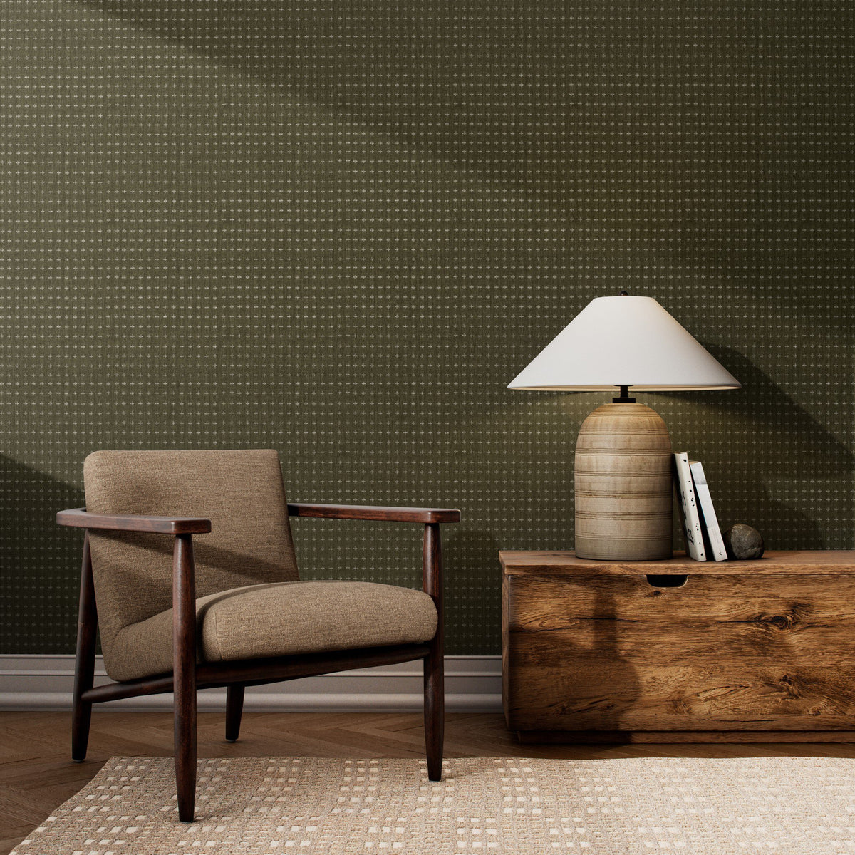 a chair and a lamp in a room
