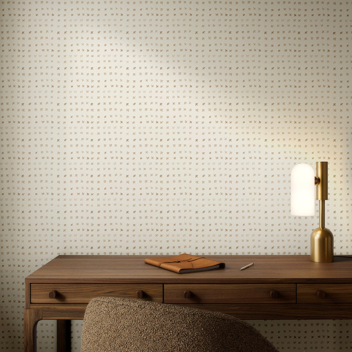 a desk with a lamp and a notebook