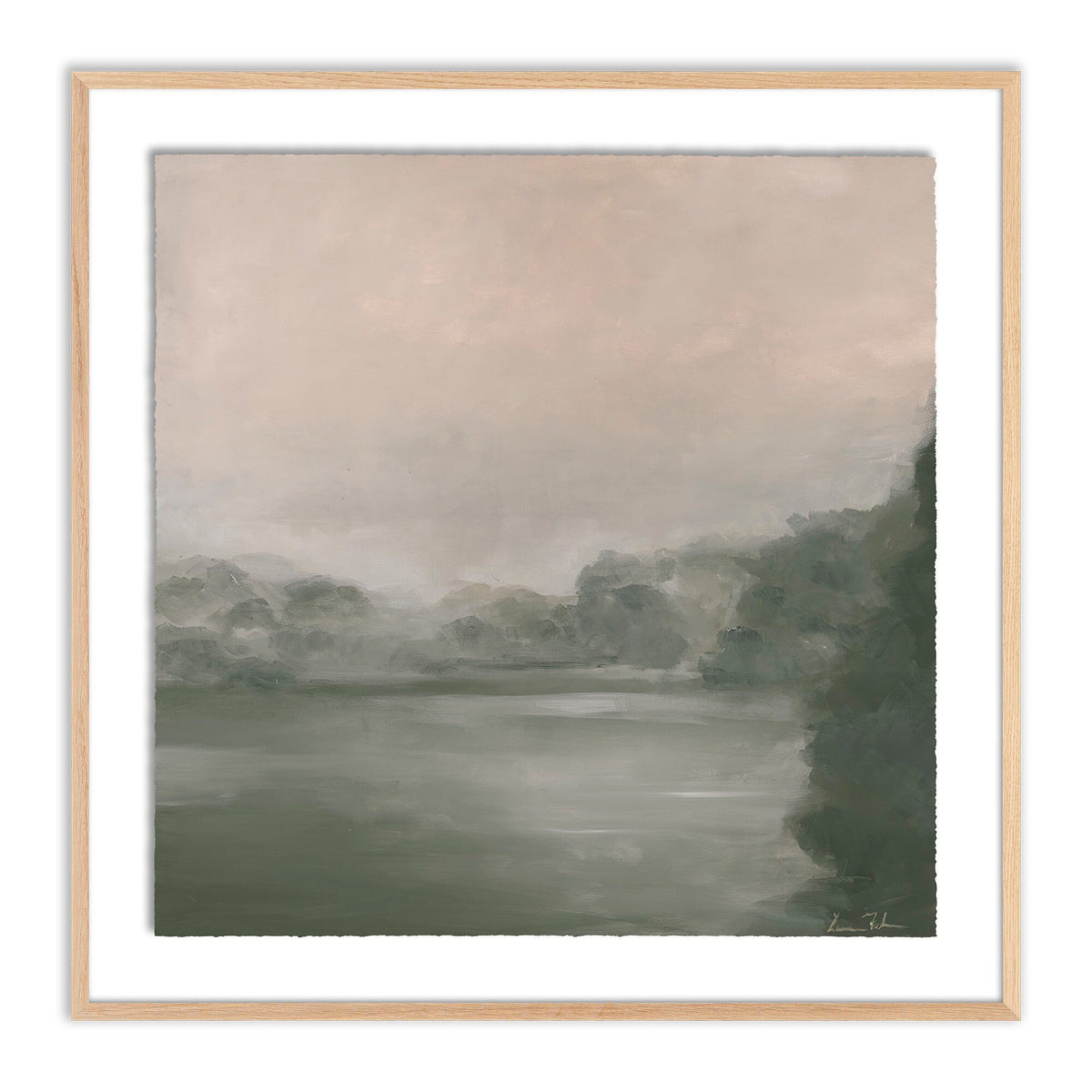 a painting of a lake and trees