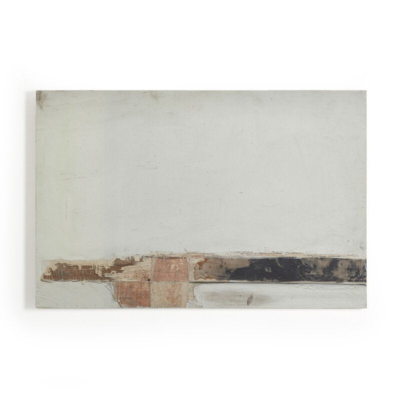 a white rectangular painting with brown and black stripes