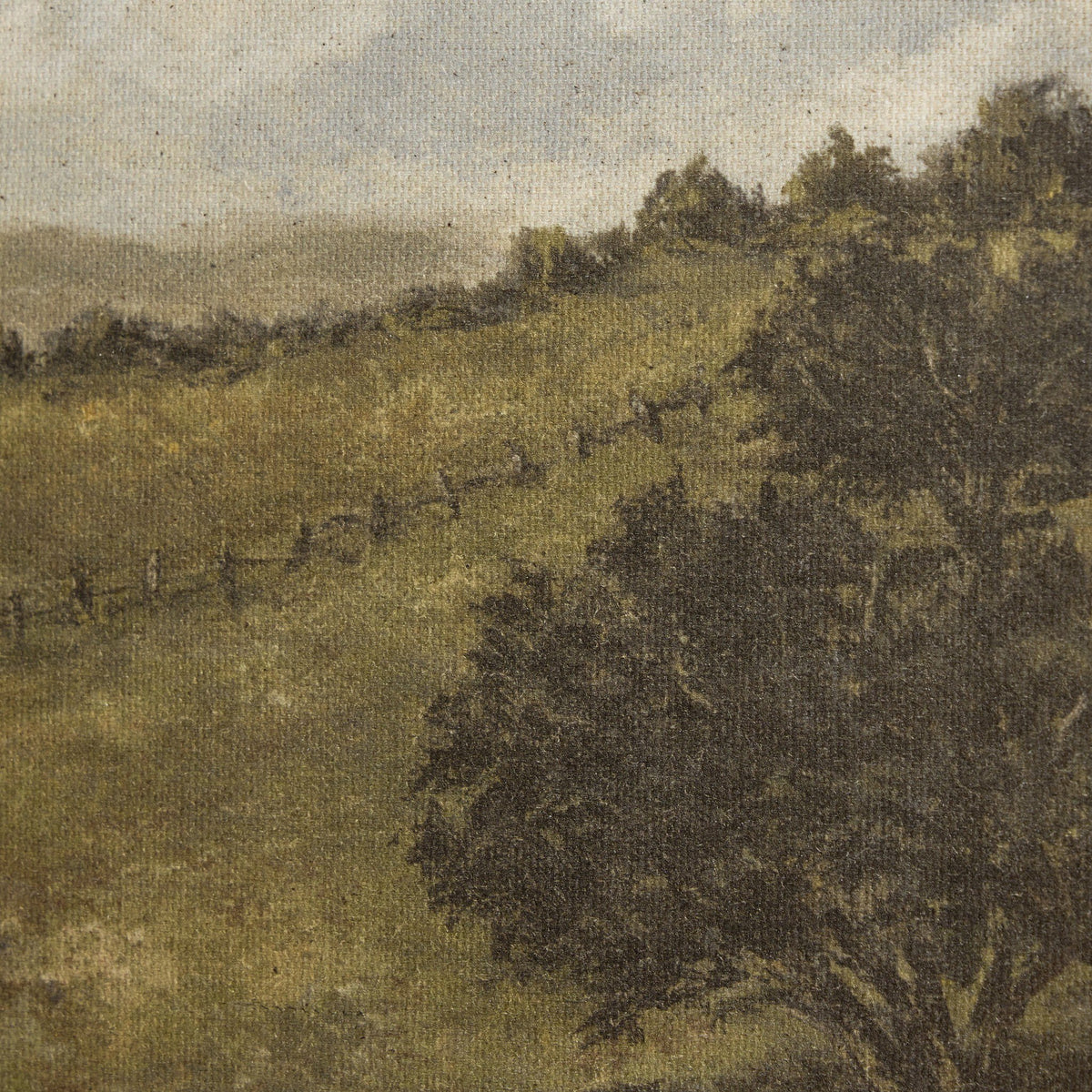a painting of a field with trees and a fence