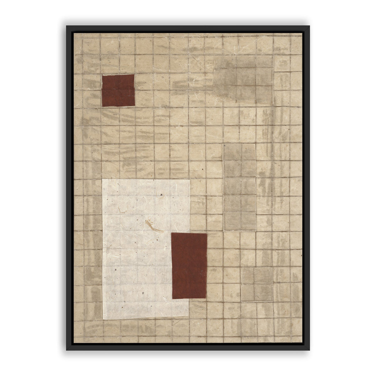 a framed art piece of paper with squares and rectangles