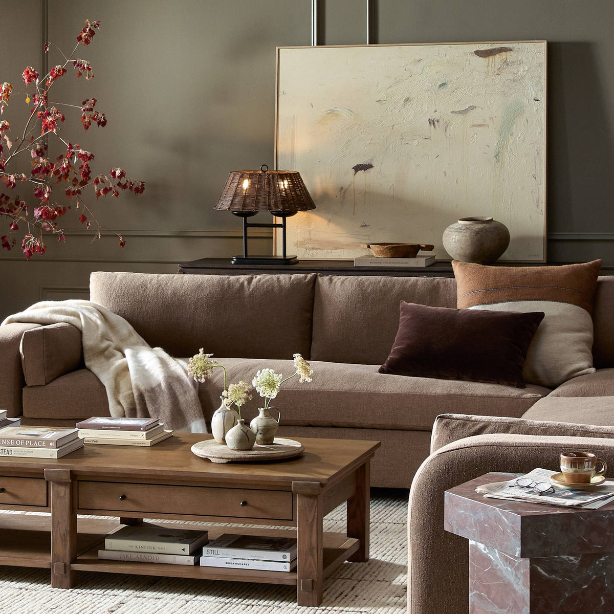 a living room with a couch and coffee table