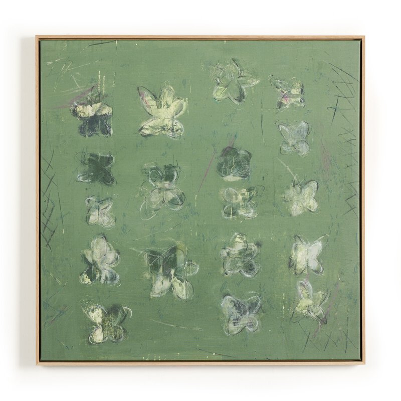 a green painting with butterflies