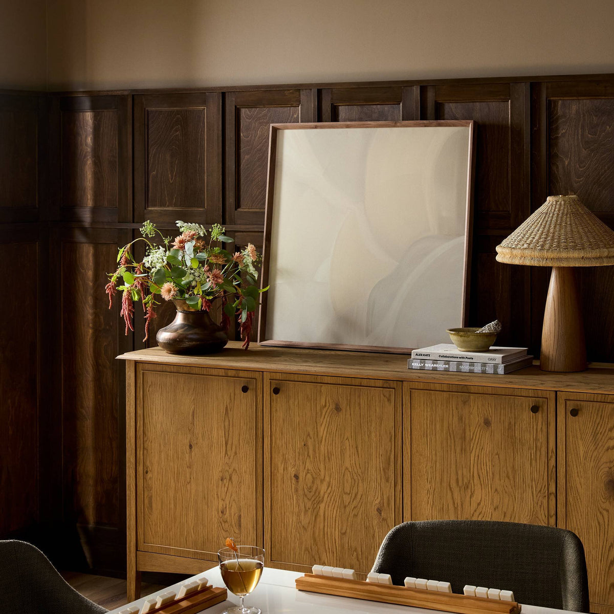 a picture frame on a cabinet