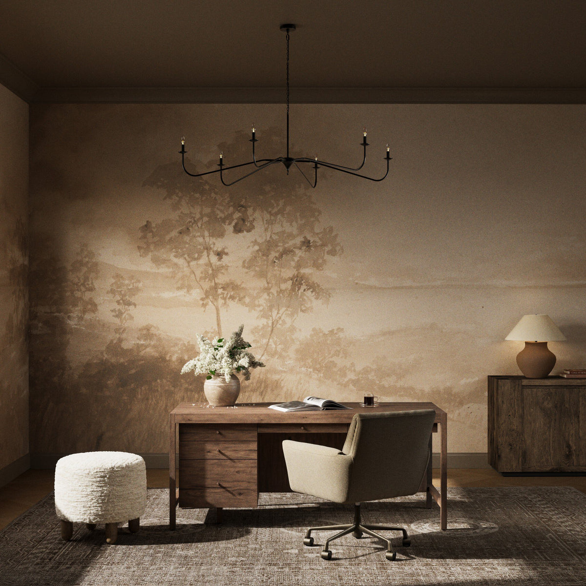 a desk and chair in a room