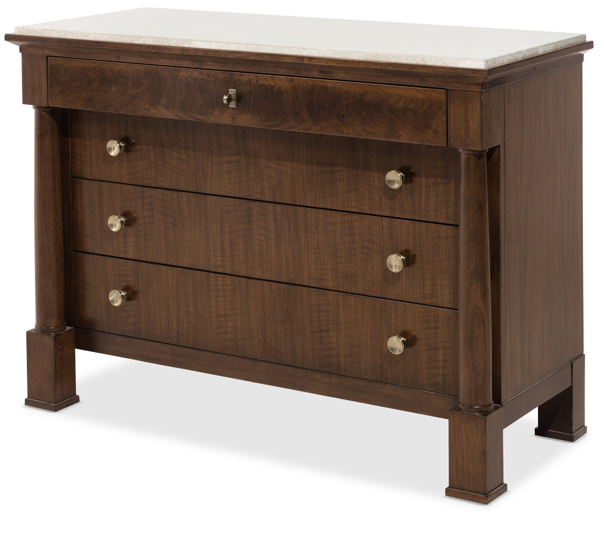 a brown dresser with a marble top