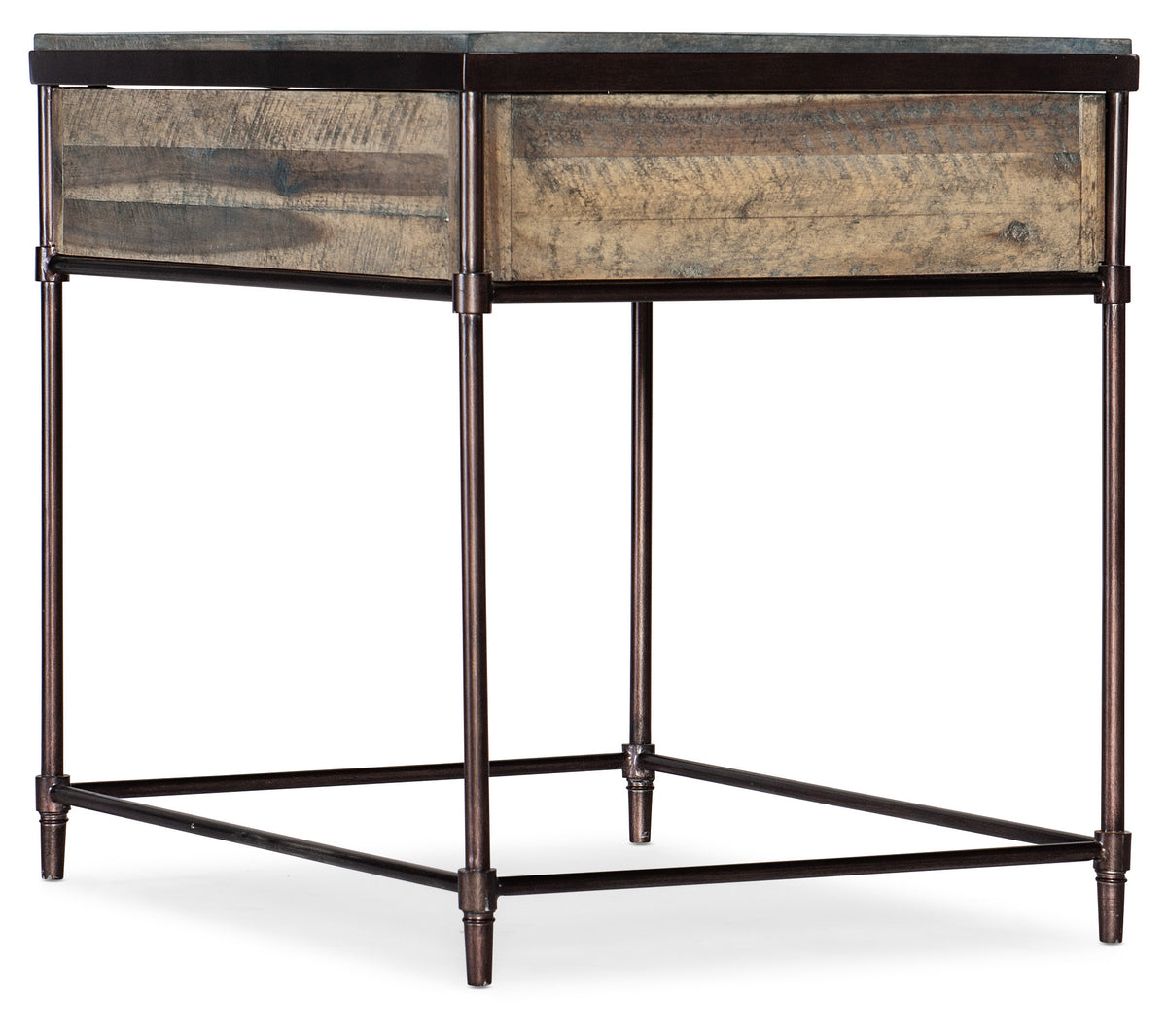 a wooden table with metal legs