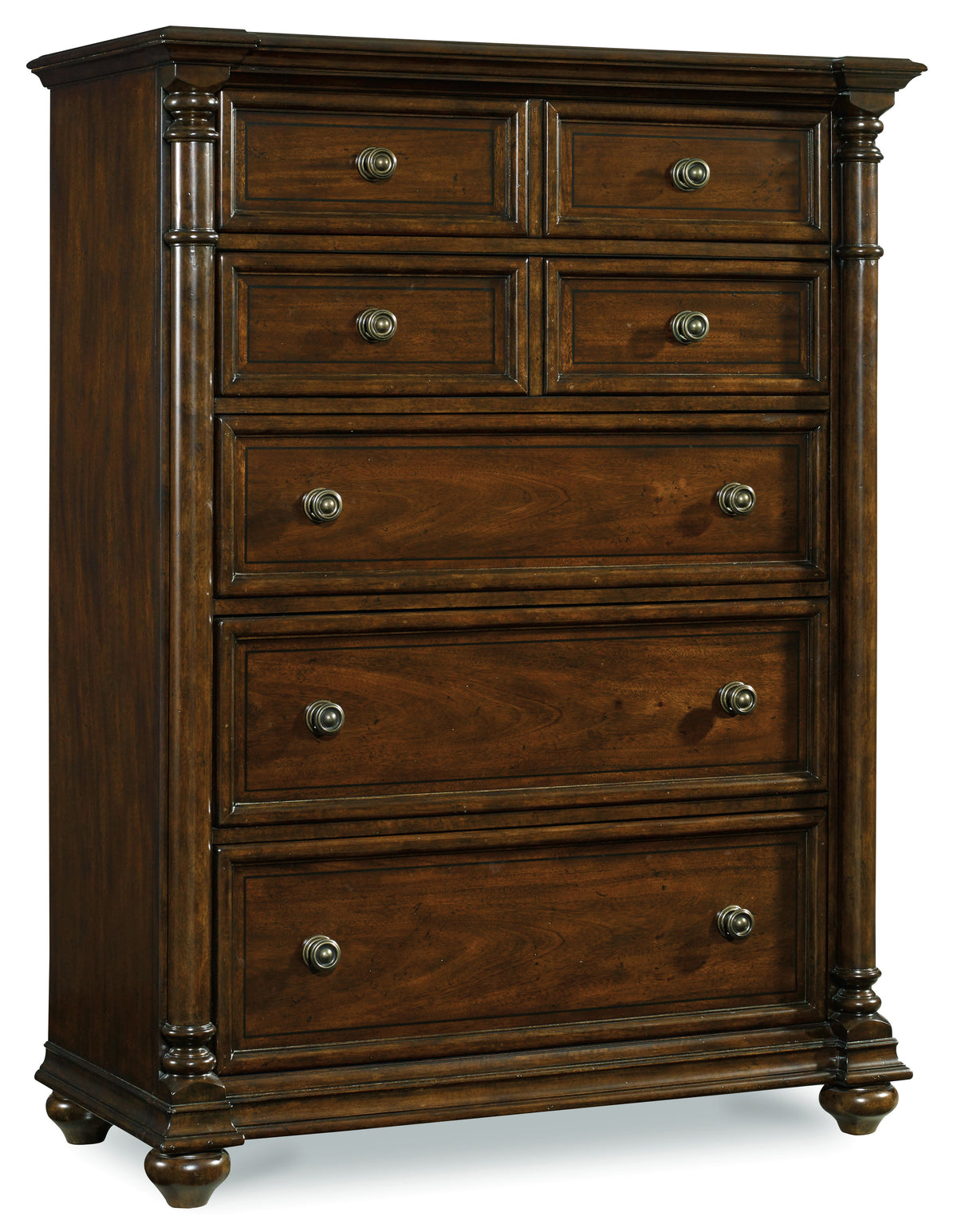 a brown dresser with silver knobs