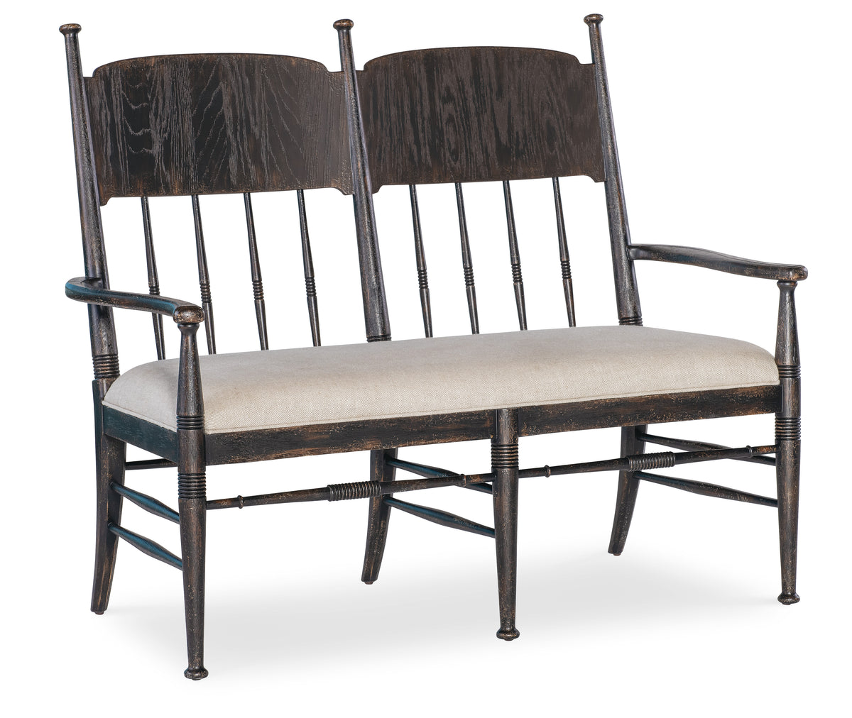 a wooden bench with two chairs