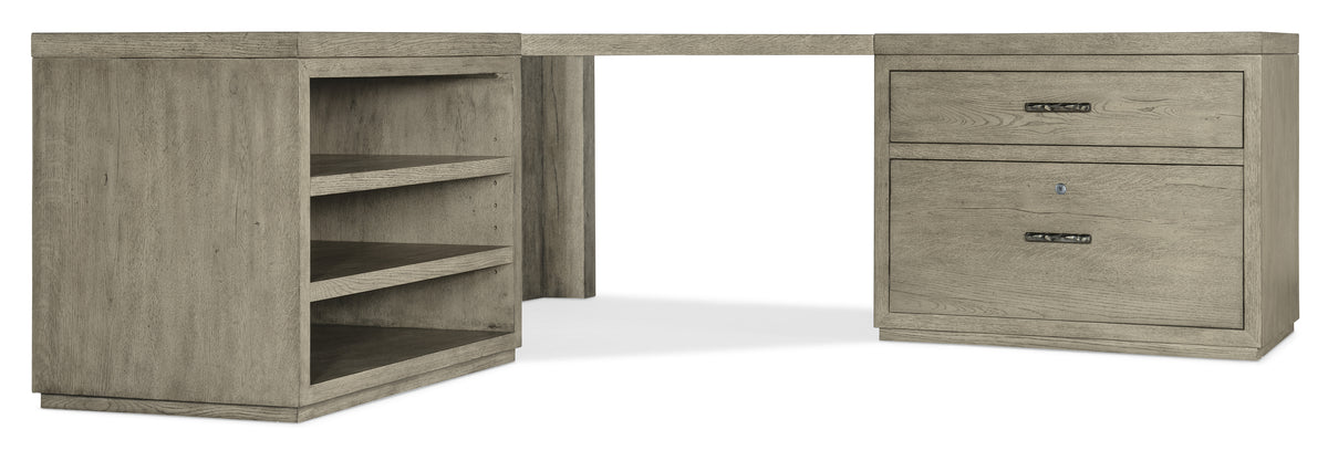 a desk with shelves on top