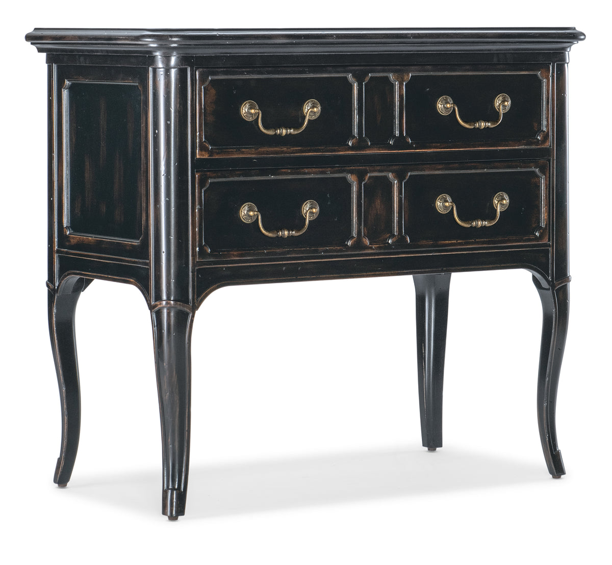 a black dresser with gold handles
