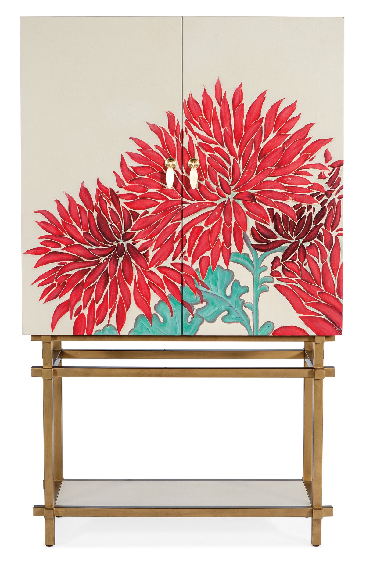 a white cabinet with red flowers painted on it