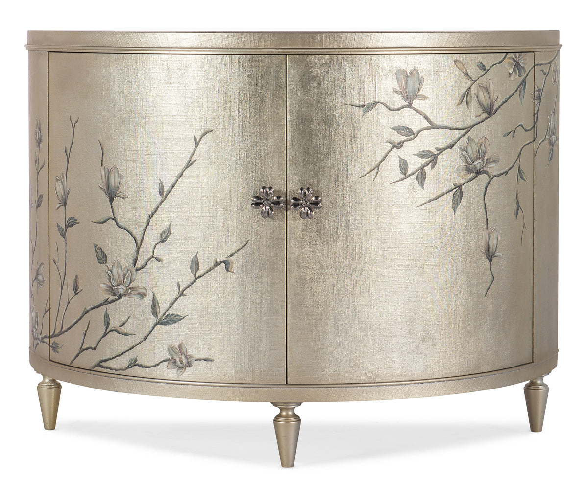 a silver cabinet with floral designs