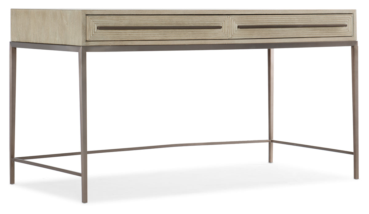 a wooden desk with a metal base