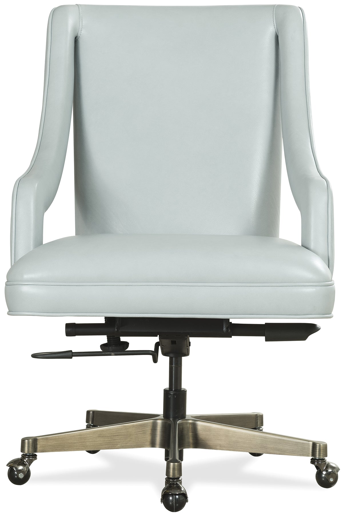 a white office chair with metal wheels