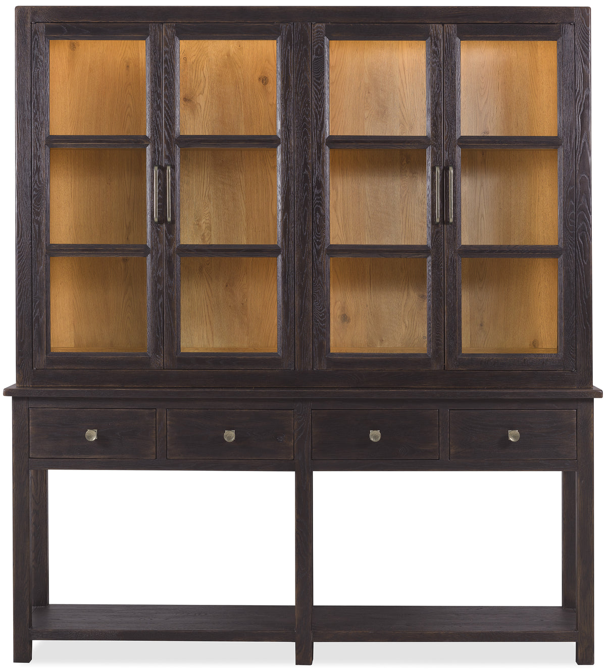 a wooden cabinet with glass doors