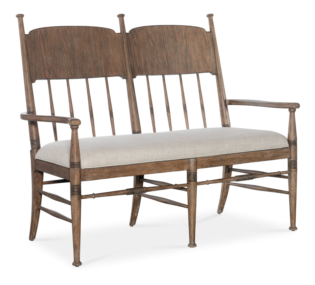 a wooden bench with two chairs