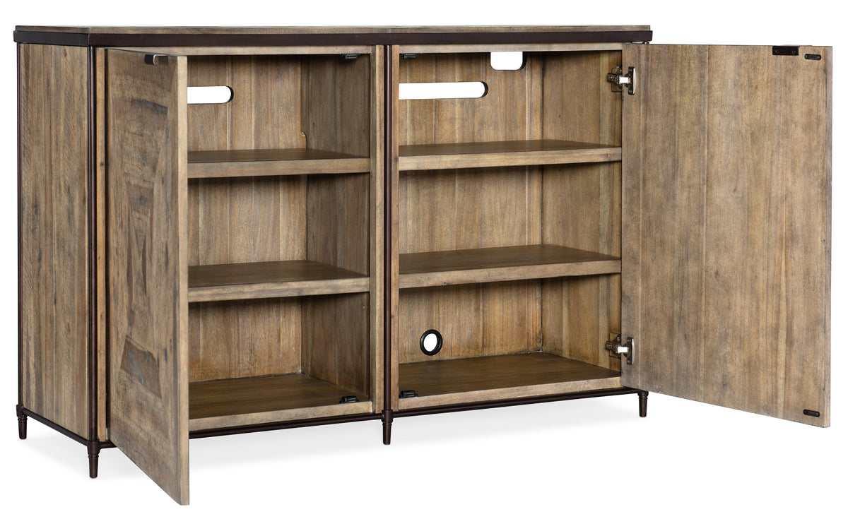 a wooden shelf with a door open