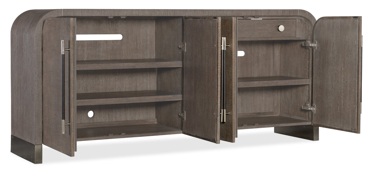 a brown wooden cabinet with open shelves