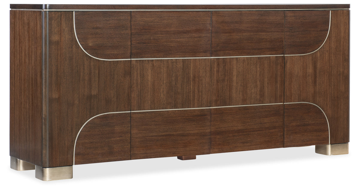 a brown wooden dresser with white trim