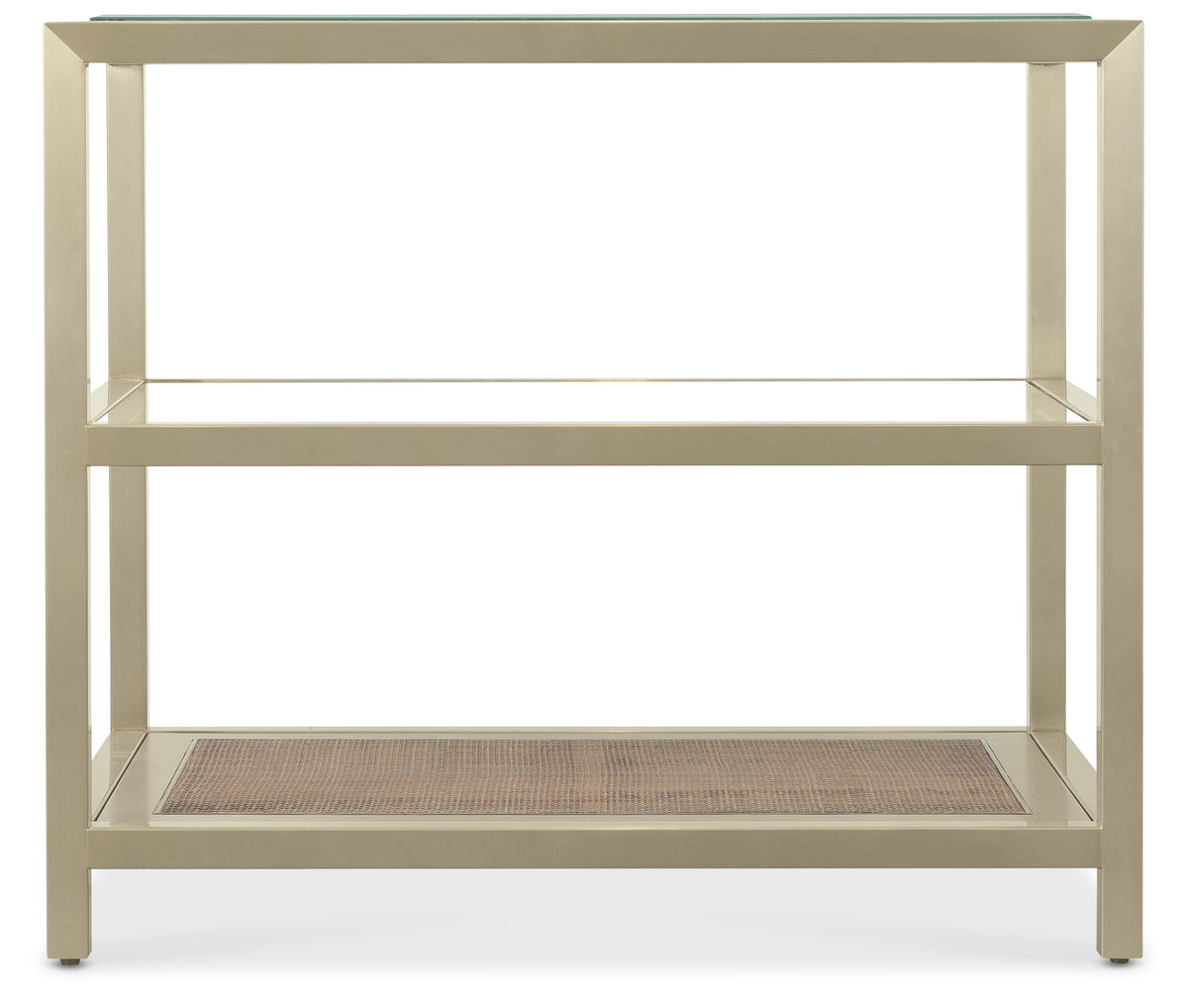 a metal shelf with glass shelves
