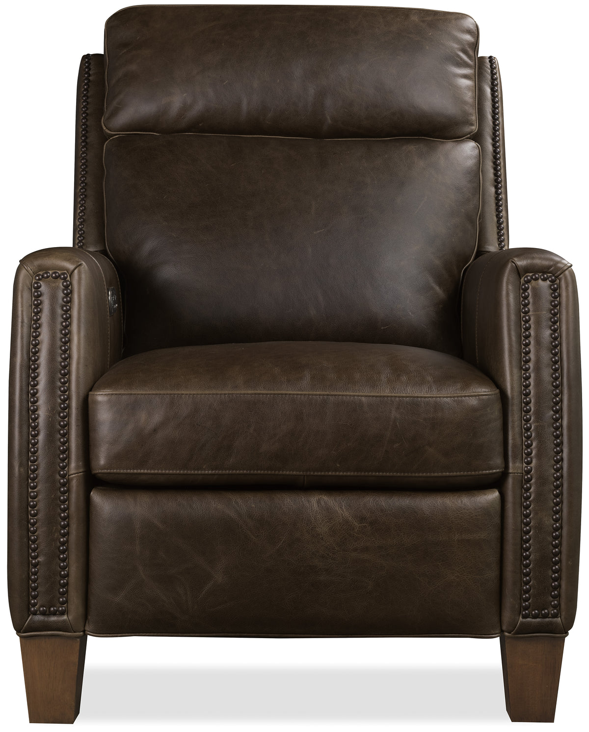 a brown leather chair with wooden legs