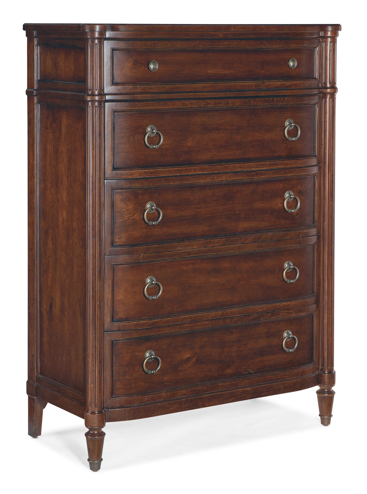 a brown dresser with gold handles