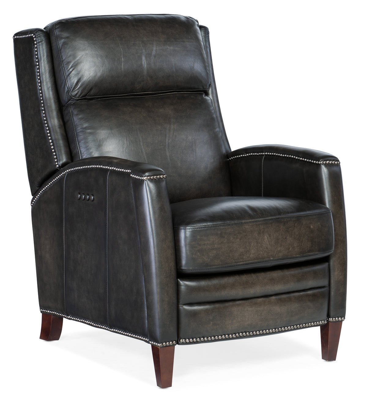 a black leather chair with wooden legs