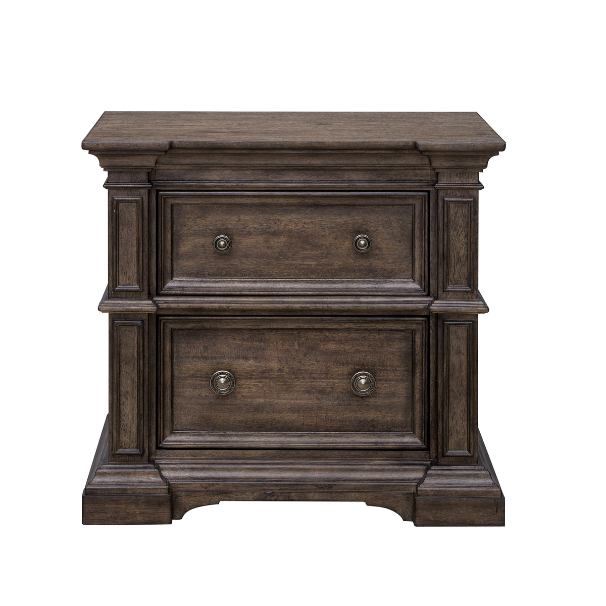 a brown dresser with two drawers