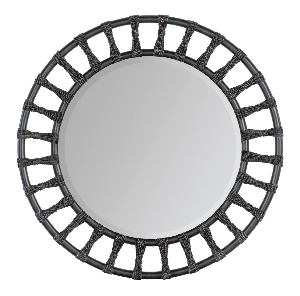 a round mirror with a black frame