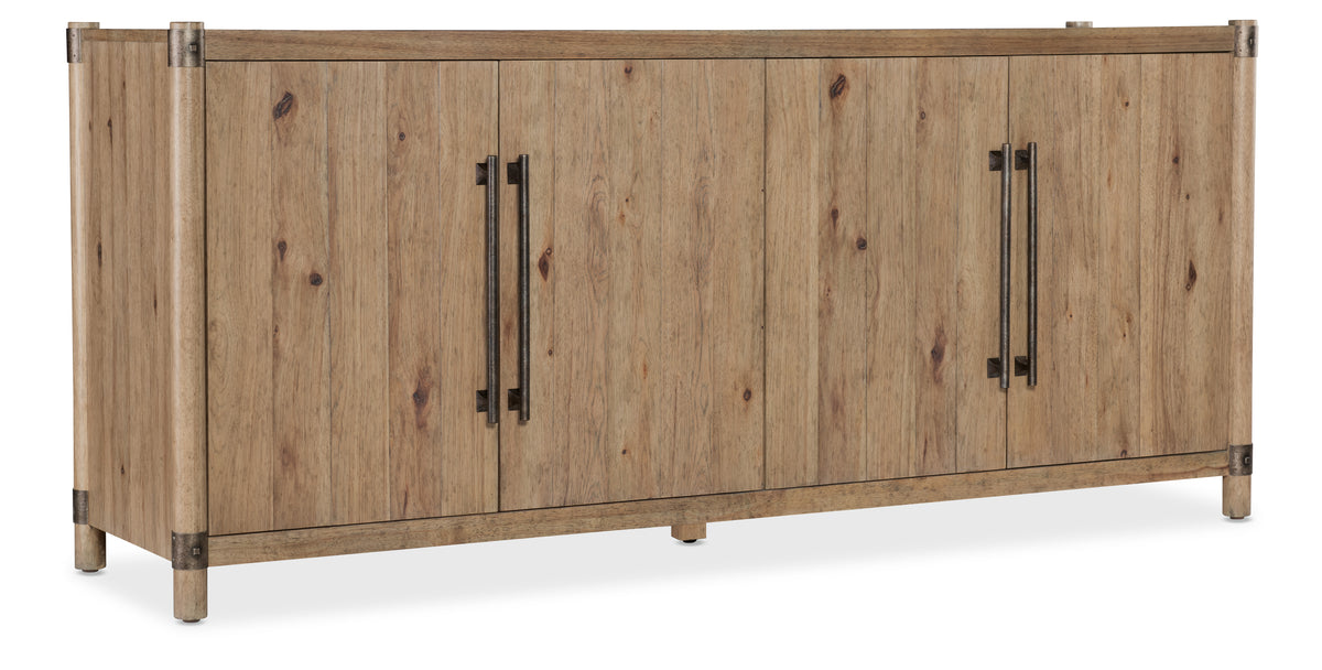 a wooden cabinet with metal handles