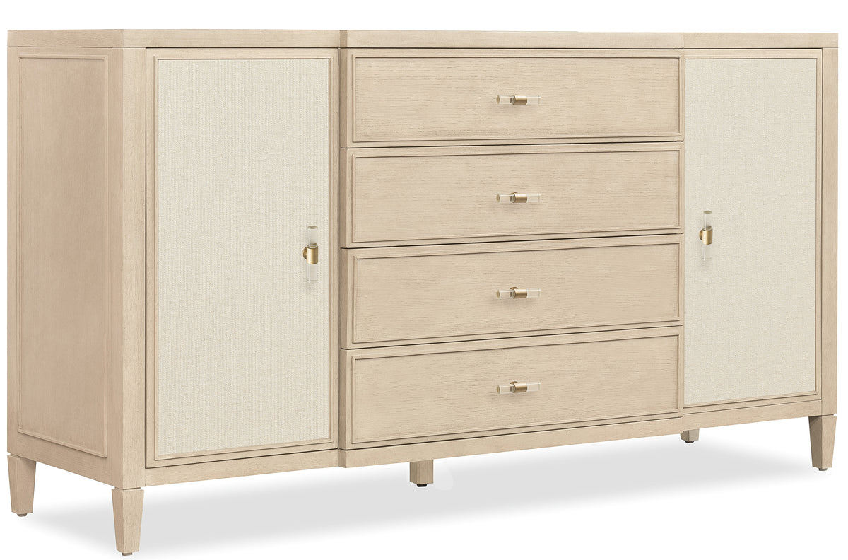 a white dresser with glass doors
