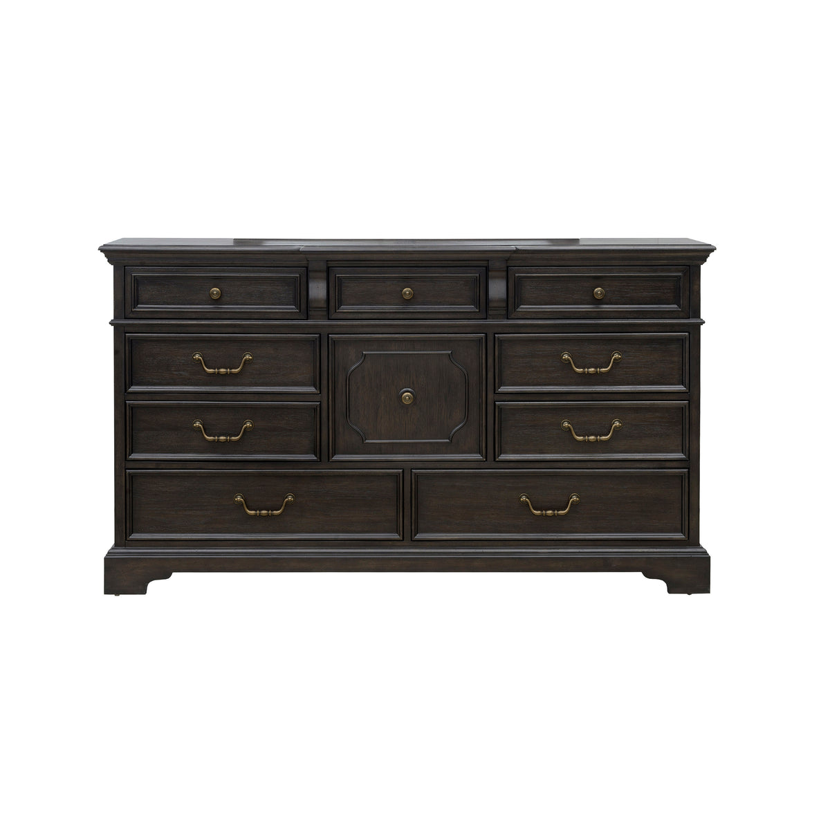 a black dresser with gold handles