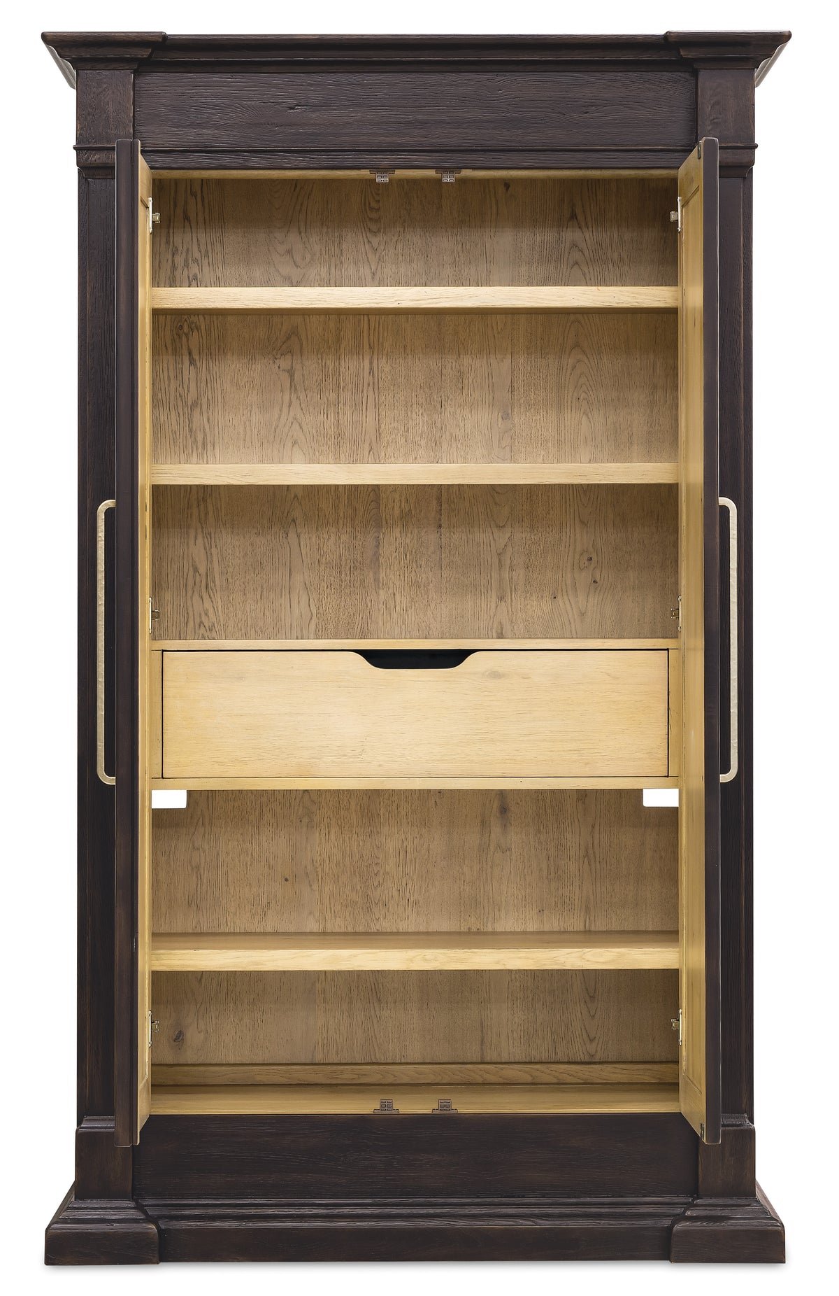 a wooden shelf with a drawer