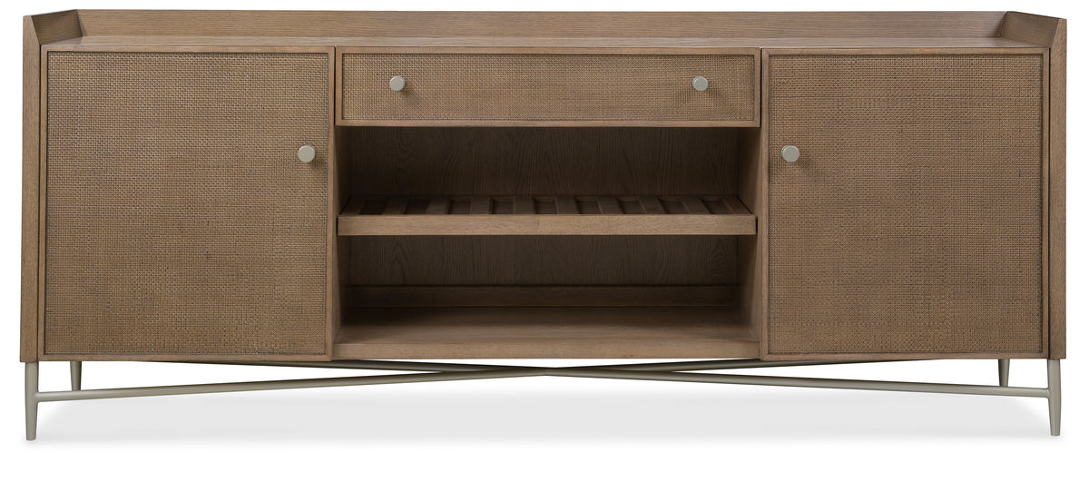 a brown wooden cabinet with a metal base