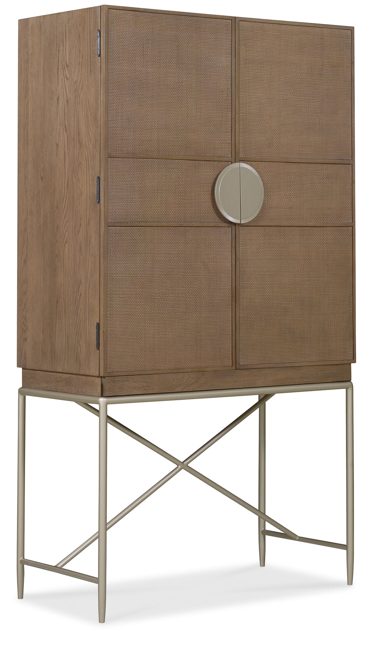 a brown cabinet with a round knob